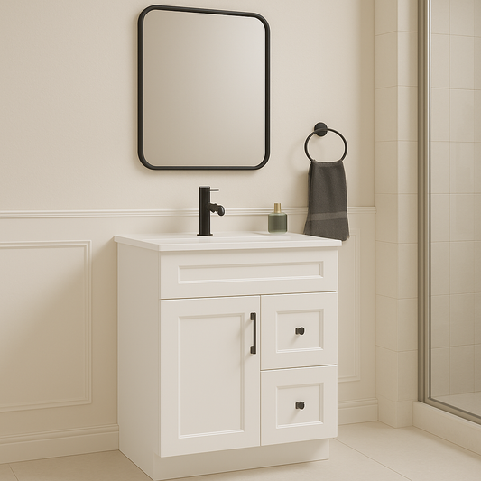 30-Inch Shaker Bathroom Vanity with Drawers — Left or Right | White or Gray | Plywood Cabinet, Solid-Wood Door, Soft-Close 3-Way Clip-On Hinges - www.Shopthatapp.com