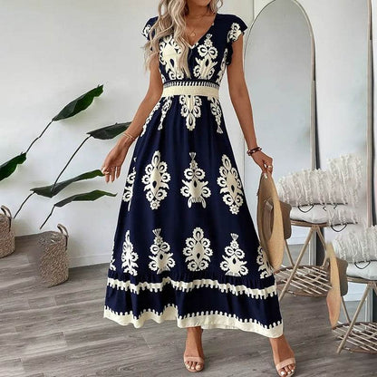 Women's Summer Flowy Maxi Dress Casual Cap Sleeve V Neck Smocked Waist Beach Sundress - www.Shopthatapp.com
