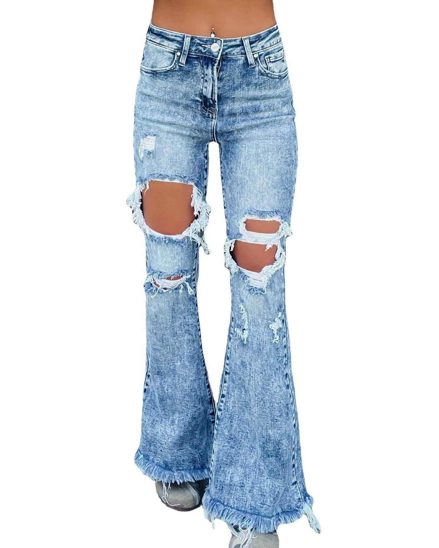 Blue Denim Ripped Flare Jeans pant for Women Raw Hem Pant - www.Shopthatapp.com