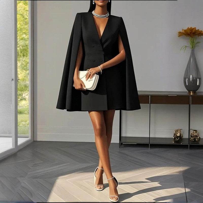 Formal V Neck Double-Breasted Mini Cape Sleeve Dress - www.Shopthatapp.com