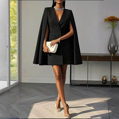 Formal V Neck Double-Breasted Mini Cape Sleeve Dress - www.Shopthatapp.com
