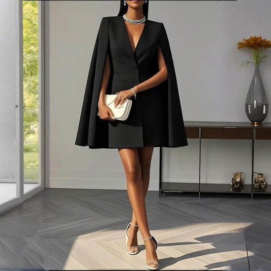 Formal V Neck Double-Breasted Mini Cape Sleeve Dress - www.Shopthatapp.com