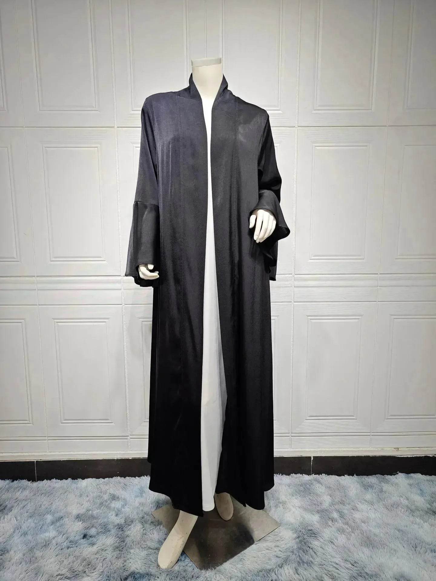 Abaya two piece set Elegant Satin  Plain Color Abaya Kimono Open front Abaya Dubai Abaya wear for Middle East Women - www.Shopthatapp.com