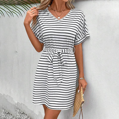 Womens Summer Short Sleeve Casual Striped Mini Tie Belt Dress - www.Shopthatapp.com