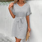 Womens Summer Short Sleeve Casual Striped Mini Tie Belt Dress - www.Shopthatapp.com