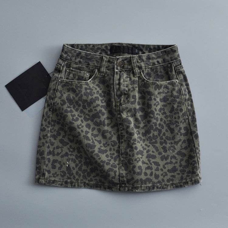 Leopard Print Mini Denim Skirt Women's High Waist Pencil Skirt - www.Shopthatapp.com