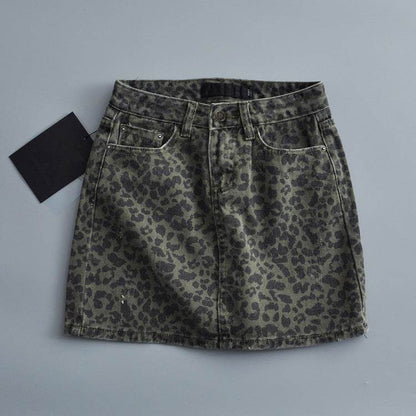 Leopard Print Mini Denim Skirt Women's High Waist Pencil Skirt - www.Shopthatapp.com