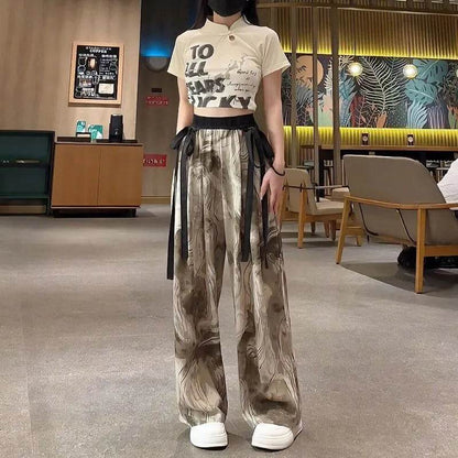 New Painting Ice Silk Wide-leg Baggy Trouser Pants Summer Women - www.Shopthatapp.com