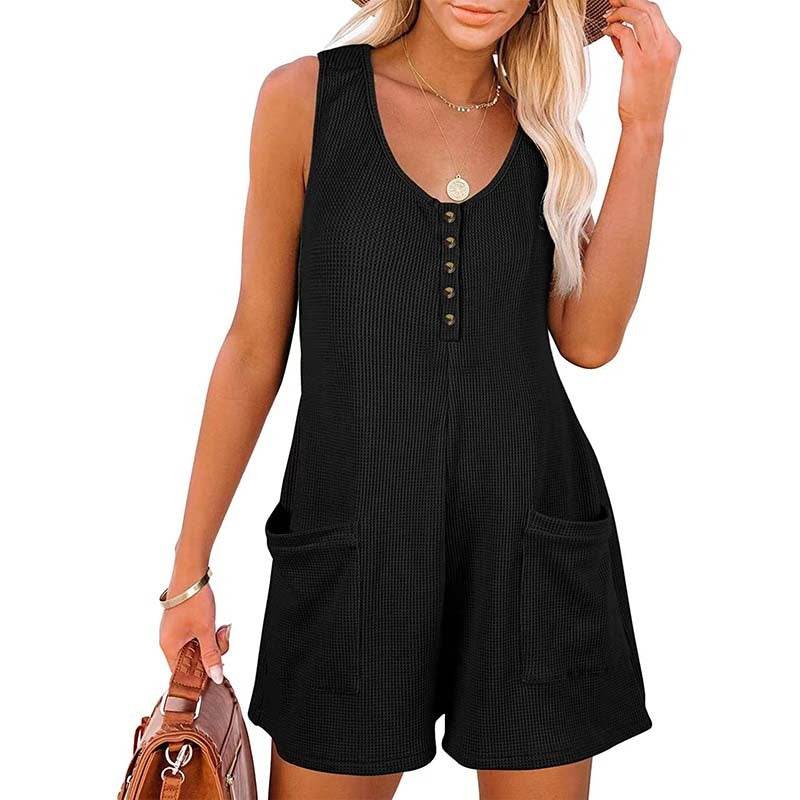 Women's Button Front Romper Jumpsuit With Pockets Casual Solid Color Sleeveless Summer Jumpsuit - www.Shopthatapp.com