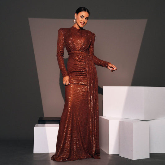 Long Sleeve Round Neck Slim Long Sequined Banquet Dress - www.Shopthatapp.com