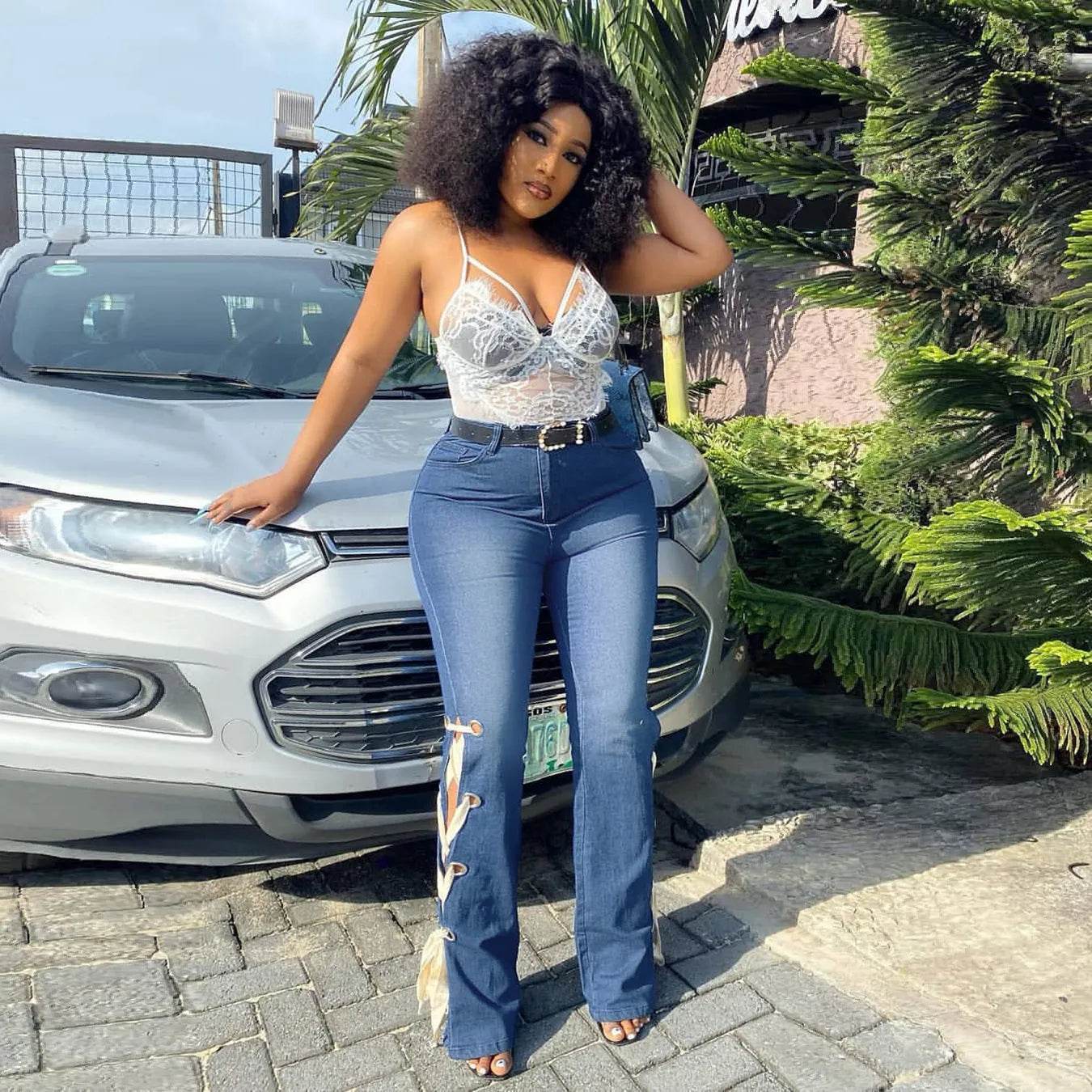 Solid Color Jeans Lace Up Bootcut Trousers - www.Shopthatapp.com