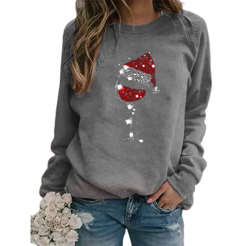 Clothing Christmas Women's Sweater Christmas Hat Red Wine Glass Graphic Print Crew Neck Long-sleeved Sweater - www.Shopthatapp.com
