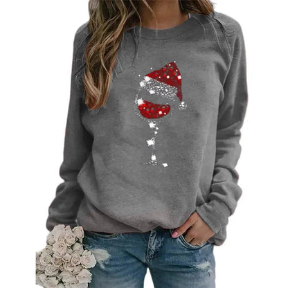 Clothing Christmas Women's Sweater Christmas Hat Red Wine Glass Graphic Print Crew Neck Long-sleeved Sweater - www.Shopthatapp.com