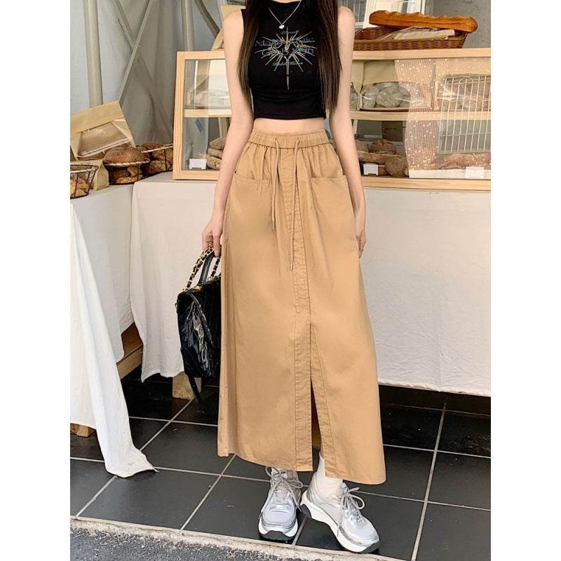 Women's front slit Washed Cotton Midi Cargo Skirt - www.Shopthatapp.com