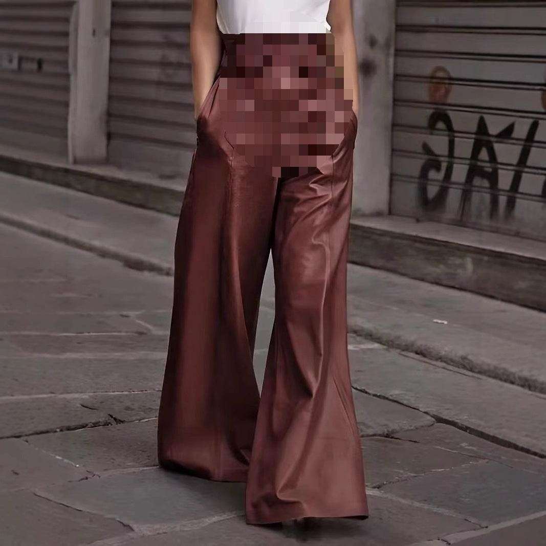 Fashion Leather High Waist Pocket Casual Trousers - www.Shopthatapp.com