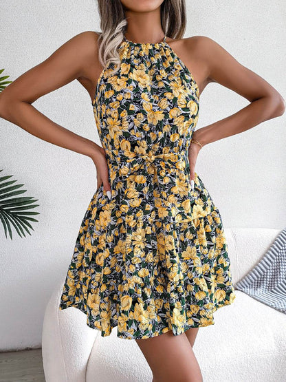 Casual Spring Summer Tie Belt Halter neck Swing Floral mini dress - www.Shopthatapp.com