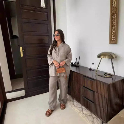 Casual Women Wide Leg Pants Long Sleeves Shirt Sets Ladies Loose High Street 2 Piece Outfits Pant co ords for Women Trouser co ords for Women - www.Shopthatapp.com