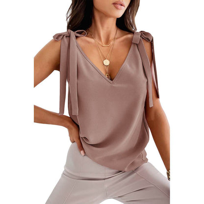 Bowknot Tie Up V-neck top Women Summer Sleeveless Blouse Tops - www.Shopthatapp.com