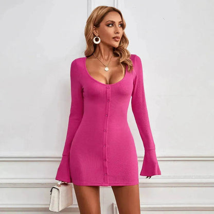 Chic Ladies Bodycon U-neck Long-sleeved Dress Charming Slim Hip-hugging Short Mini  Dresses  for Women - www.Shopthatapp.com