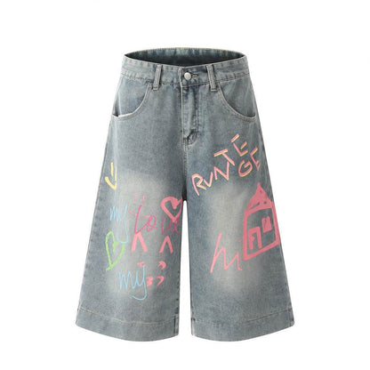 Hand Painted Graffiti Printing Denim Shorts Men Jeans - www.Shopthatapp.com