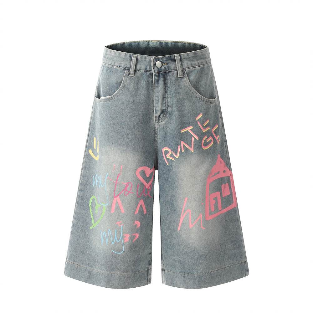 Hand Painted Graffiti Printing Denim Shorts Men Jeans - www.Shopthatapp.com