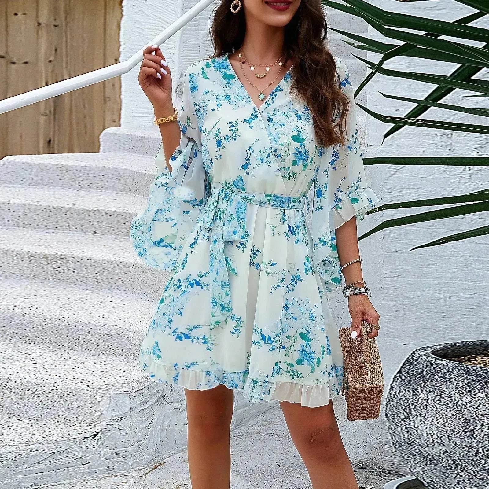 Casual Summer Chiffon Floral Print Short Sleeves Dress Lace Up Ruffles Design Fashion V-neck Short Mini Dresses Womens Clothing - www.Shopthatapp.com