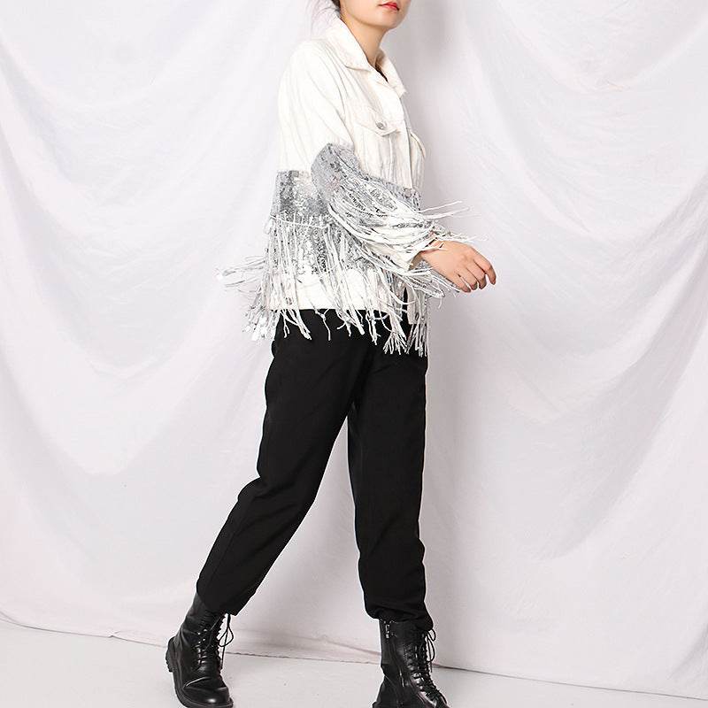 Lapel Pocket Heavy Industry Sequins Tassel  Loose Ripped Denim Jacket Women - www.Shopthatapp.com