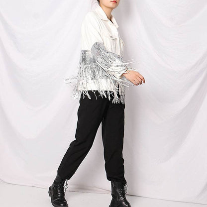 Lapel Pocket Heavy Industry Sequins Tassel  Loose Ripped Denim Jacket Women - www.Shopthatapp.com
