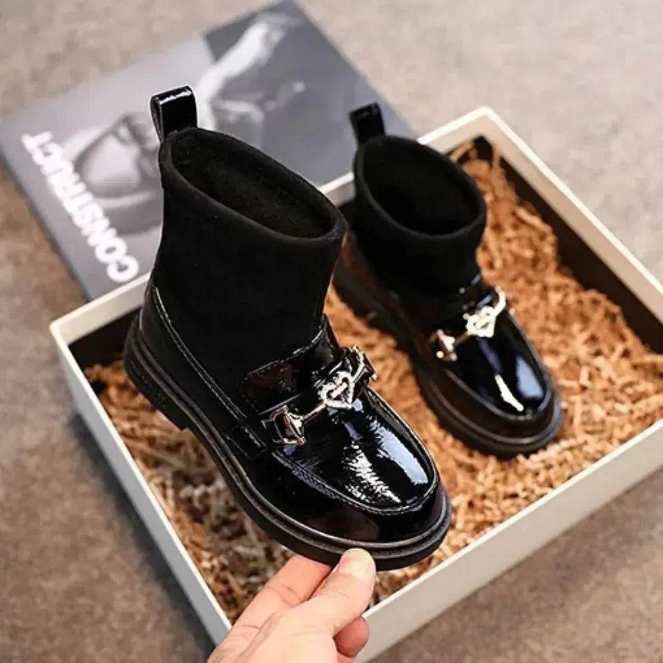 Black Patent leather boots for girls Woolen Winter boot for girls - www.Shopthatapp.com