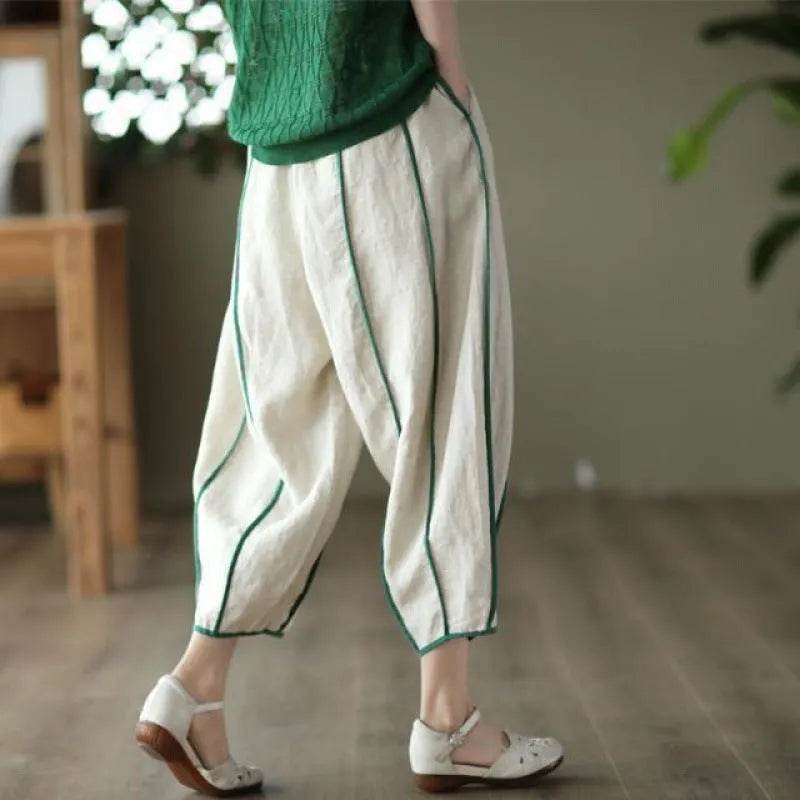 Summer Thin Striped Cotton And Linen Cropped trouser Pants For Women - www.Shopthatapp.com