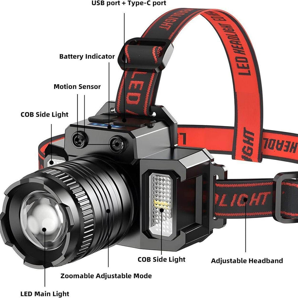 LED Tactical Headlamp Head Torch USB Rechargeable Motion Sensor Flashlight Head - www.Shopthatapp.com