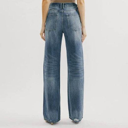 Blue Jeans Pant women Mid waist Denim Wide Leg Denim Pant - www.Shopthatapp.com