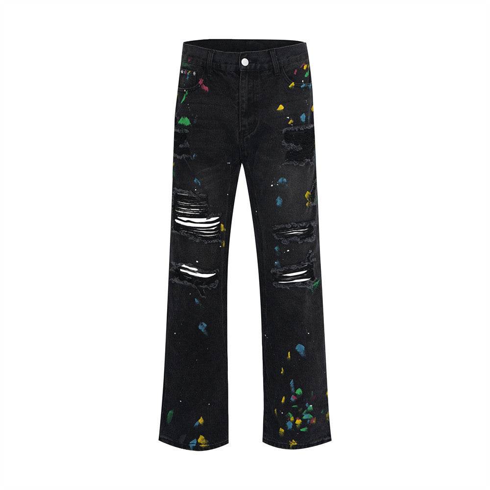 Ripped Paint Wide-leg Denim Trousers For Men Jeans - www.Shopthatapp.com