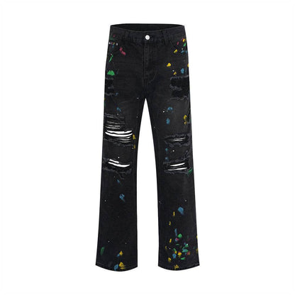 Ripped Paint Wide-leg Denim Trousers For Men Jeans - www.Shopthatapp.com