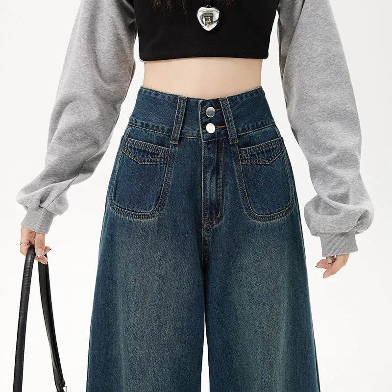 New Simple High Waist Casual Straight-leg Baggy Jeans Pant For Women - www.Shopthatapp.com