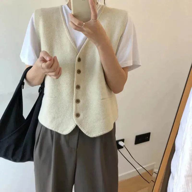 Women Sleeveless V-neck Button Down Knitted Vest Cardigan - www.Shopthatapp.com
