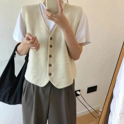 Women Sleeveless V-neck Button Down Knitted Vest Cardigan - www.Shopthatapp.com