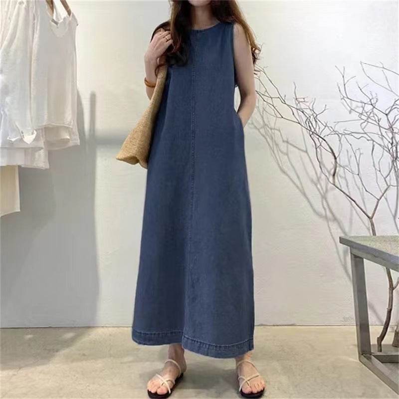 Women's Fashion Sleeveless Mum loose Long Denim Dress - www.Shopthatapp.com