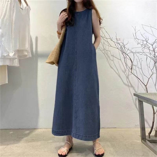 Women's Fashion Sleeveless Mum loose Long Denim Dress - www.Shopthatapp.com