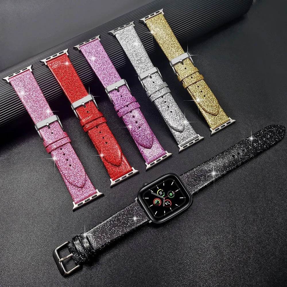Leather Single Ring Glitter Buckle Couple Watch Strap Suitable for Apple Watch - www.Shopthatapp.com