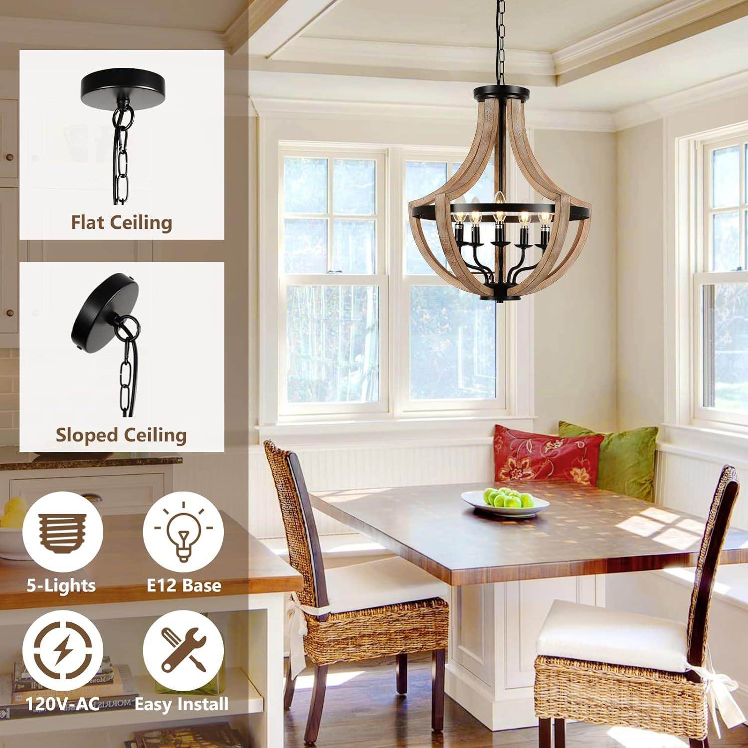 Solid Wood Modern Chandelier For Dining Room, Living Room, Kitchen, Island, Bedroom, Foyer, Height Adjustable, Brown - www.Shopthatapp.com