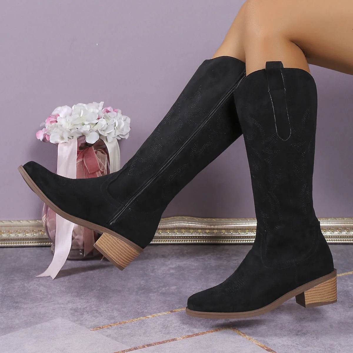 Women's Retro Pointed Toe Chunky Heel Solid Color Side Zipper Mid-calf Cowboy Boot - www.Shopthatapp.com