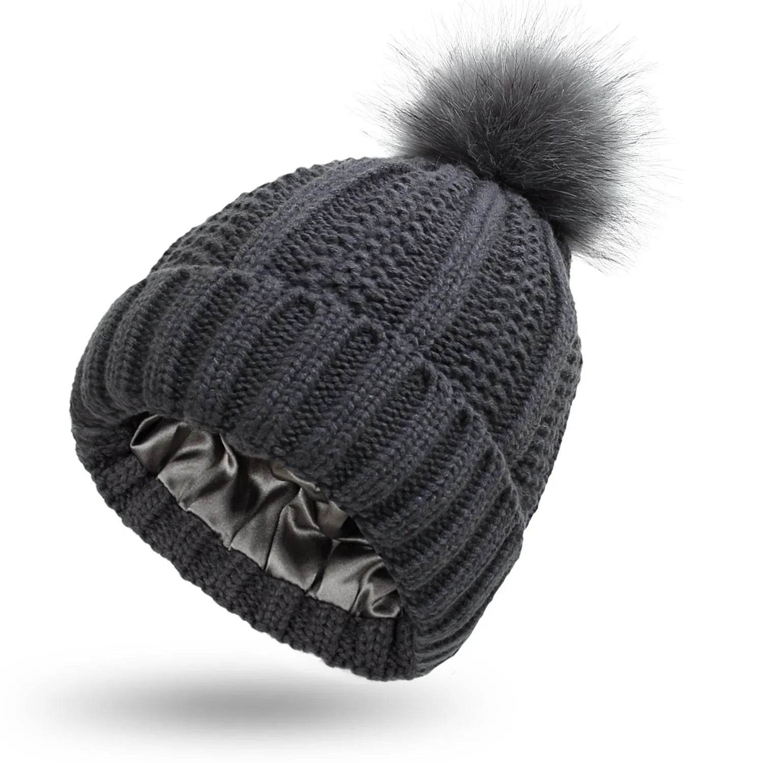Stretchy Satin Lined Skull Knit  Faux Fur Pom Pom Beanie Hat - www.Shopthatapp.com