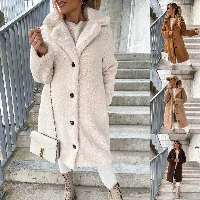 Buy Women's Long-sleeved Lapel Plush Fleece sherpa button Long Winter Overcoat - www.Shopthatapp.com