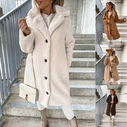Buy Women's Long-sleeved Lapel Plush Fleece sherpa button Long Winter Overcoat - www.Shopthatapp.com