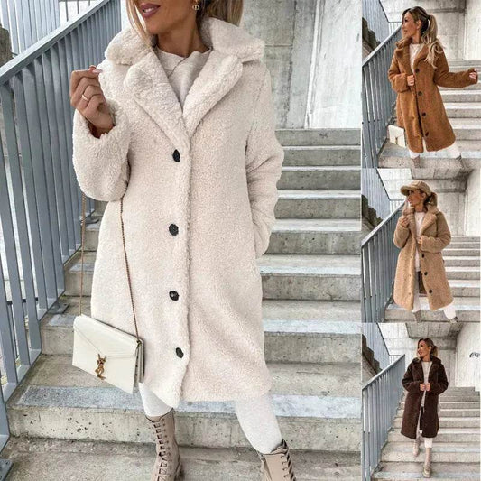 Buy Women's Long-sleeved Lapel Plush Fleece sherpa button Long Winter Overcoat - www.Shopthatapp.com