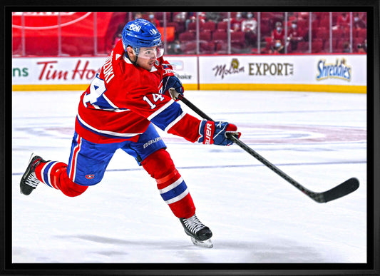 Nick Suzuki Montreal Canadiens Framed 20x29 Shooting Follow Through Canvas - www.Shopthatapp.com