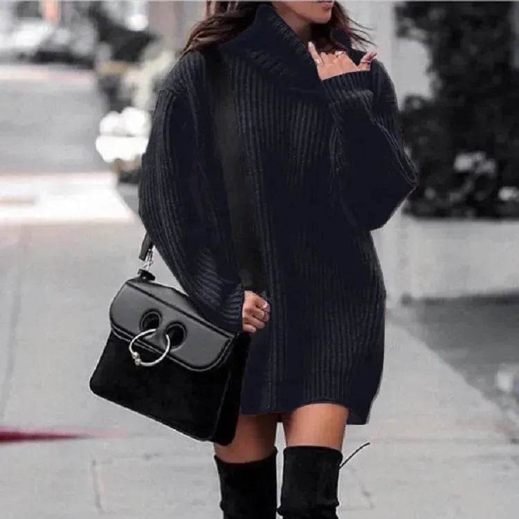 Autumn Winter Solid Cashmere oversized Knitted Mini Turtleneck Sweater Dress - www.Shopthatapp.com