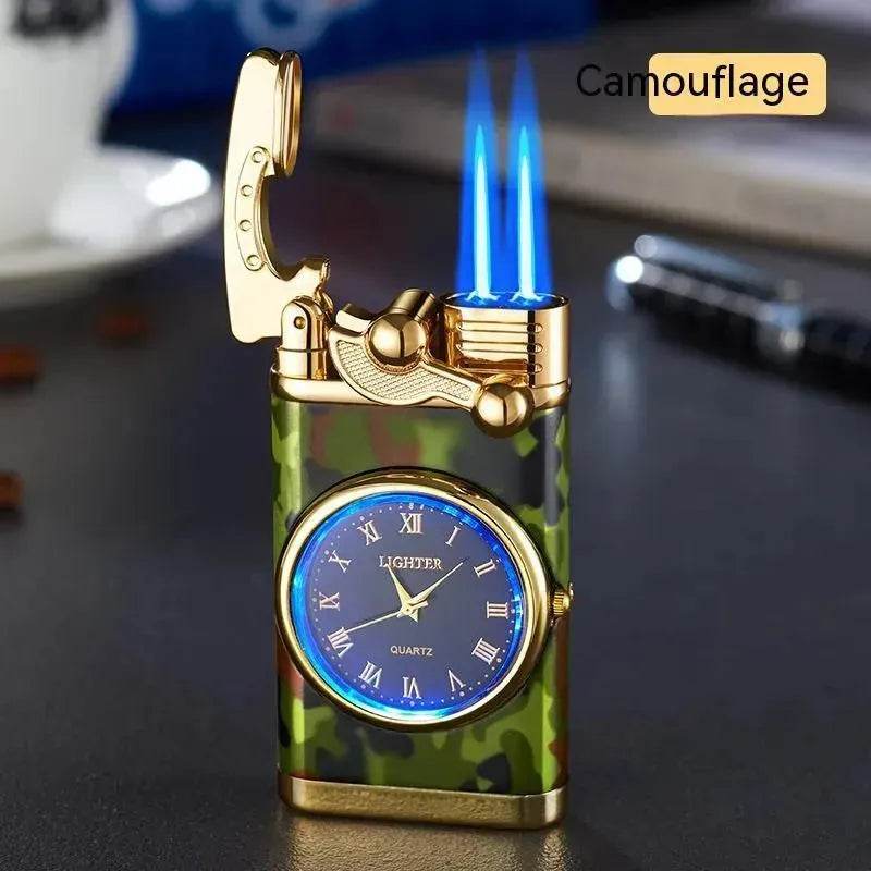 New Lighter With Electric Watch Rocker Arm Automatic Ignition Straight Blue Flame Lighter Creative Real Dial Inflatable Windproof Cigar Lighter Men's Watch Gift - www.Shopthatapp.com