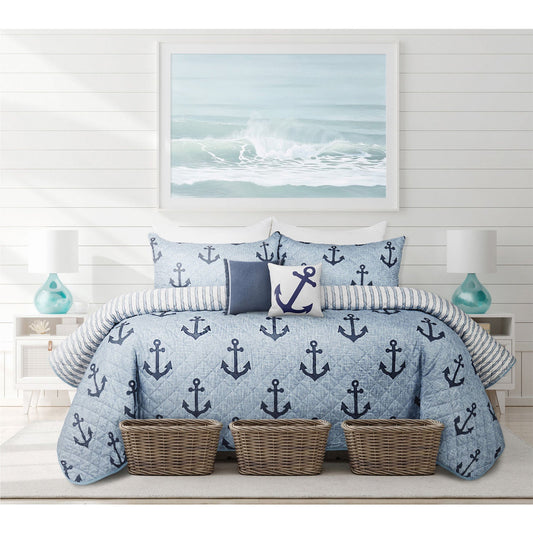 Parure de lit 3 pièces en microfibre tissée avec couette et ancres bleues pour lit king size